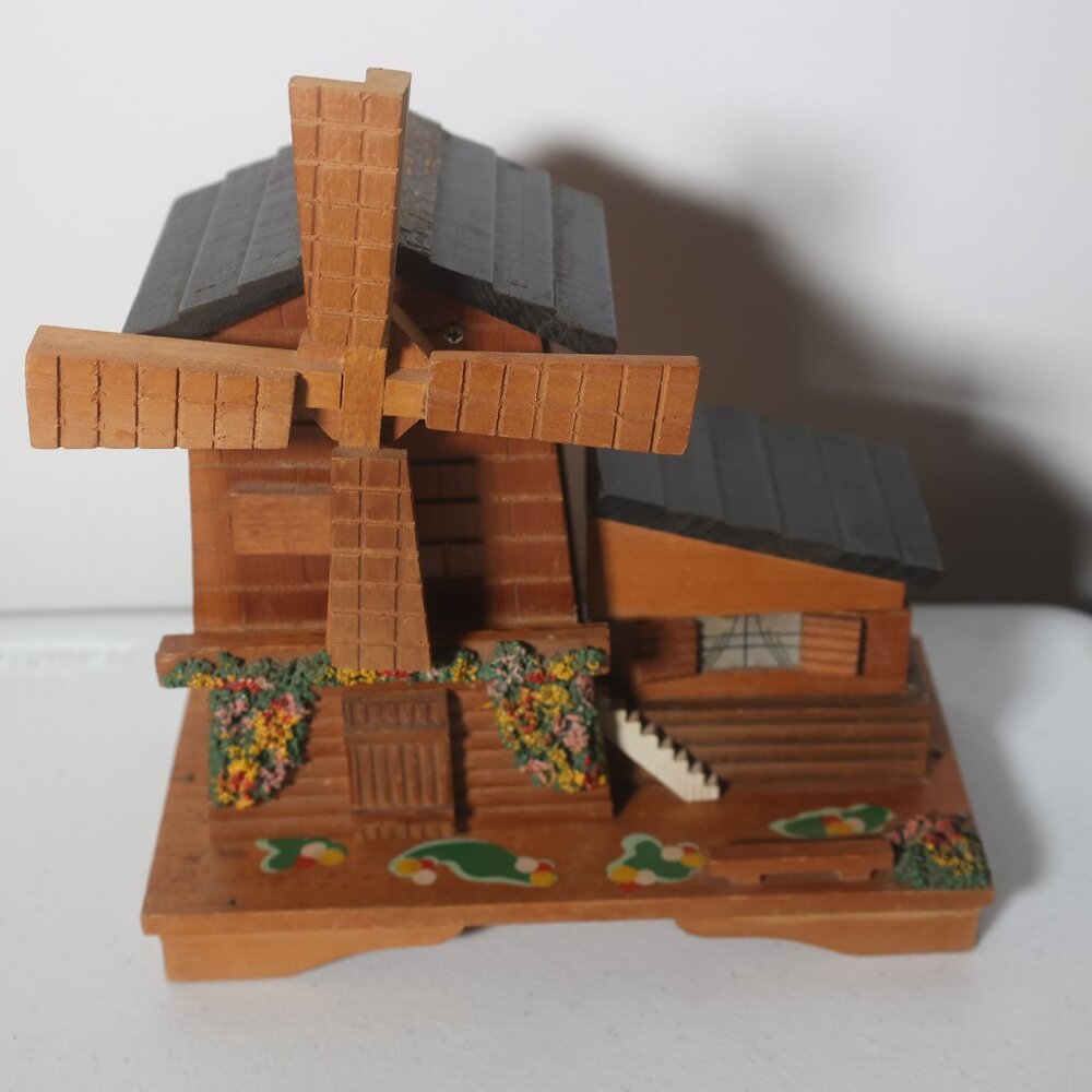 Vintage Windmill Cottage Jewelry/Music Box Made In Japan Wooden